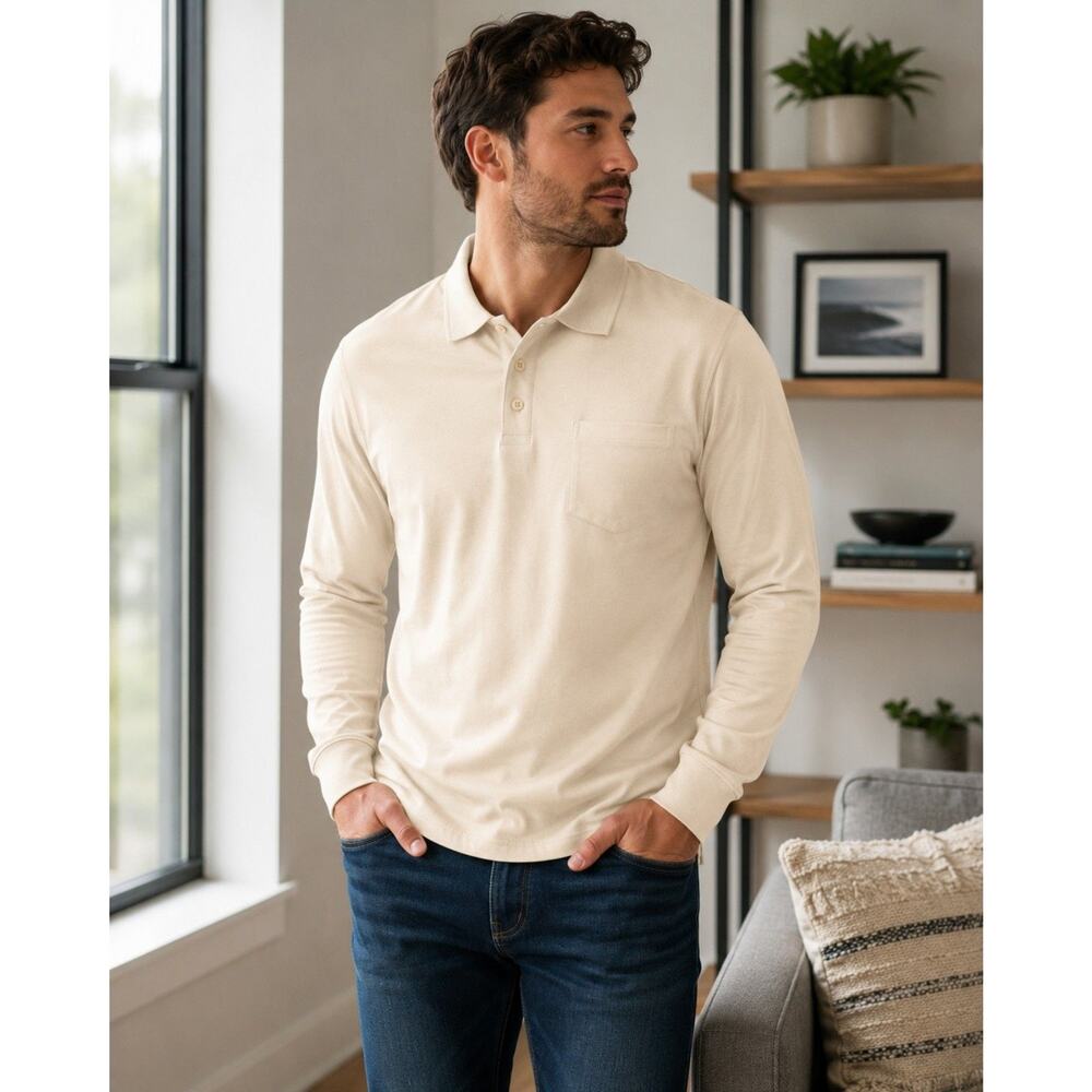 NWT Goodfellow & Co Men's Long Sleeve Pocket Polo Shirt Cream Medium